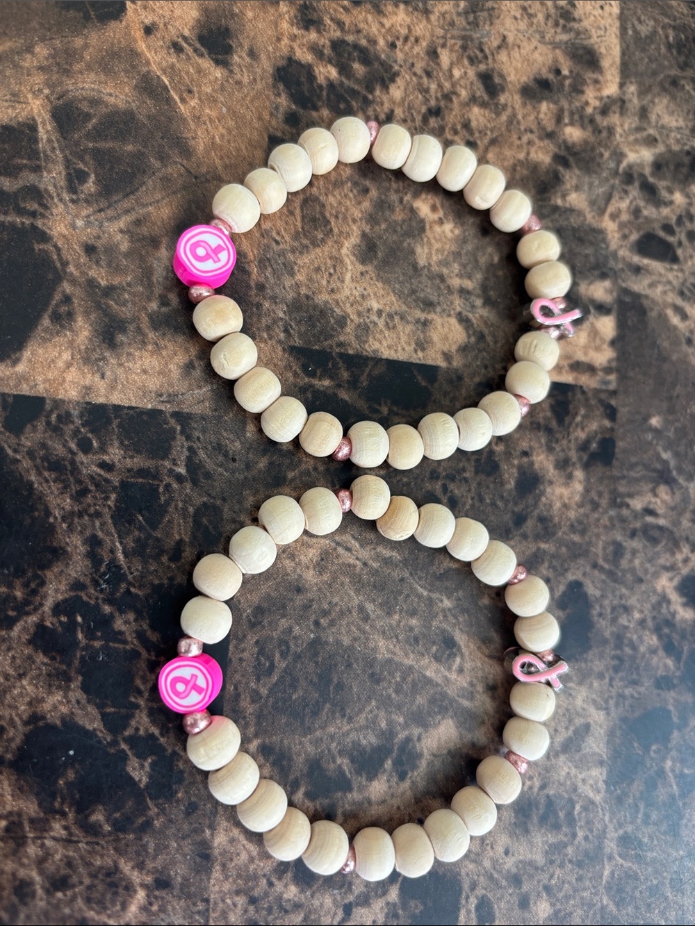 🌸 Unisex  “Breast Cancer “ Wooden Bead Bracelet with Pink Ribbon Charm